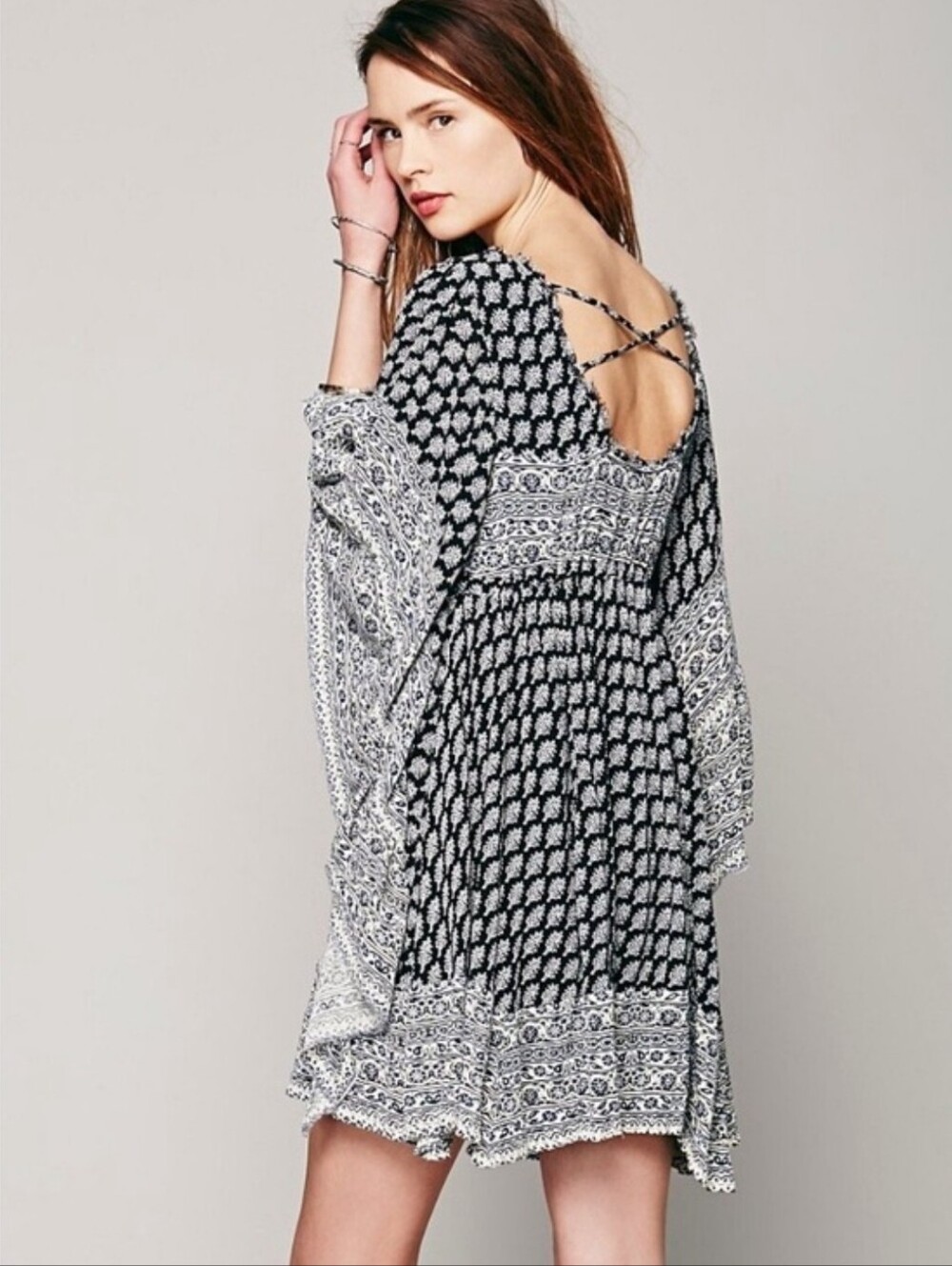 FREE PEOPLE Heart Of Gold Mini Dress Cinch Waist Boho Dramatic Sleeve - Picture 1 of 8